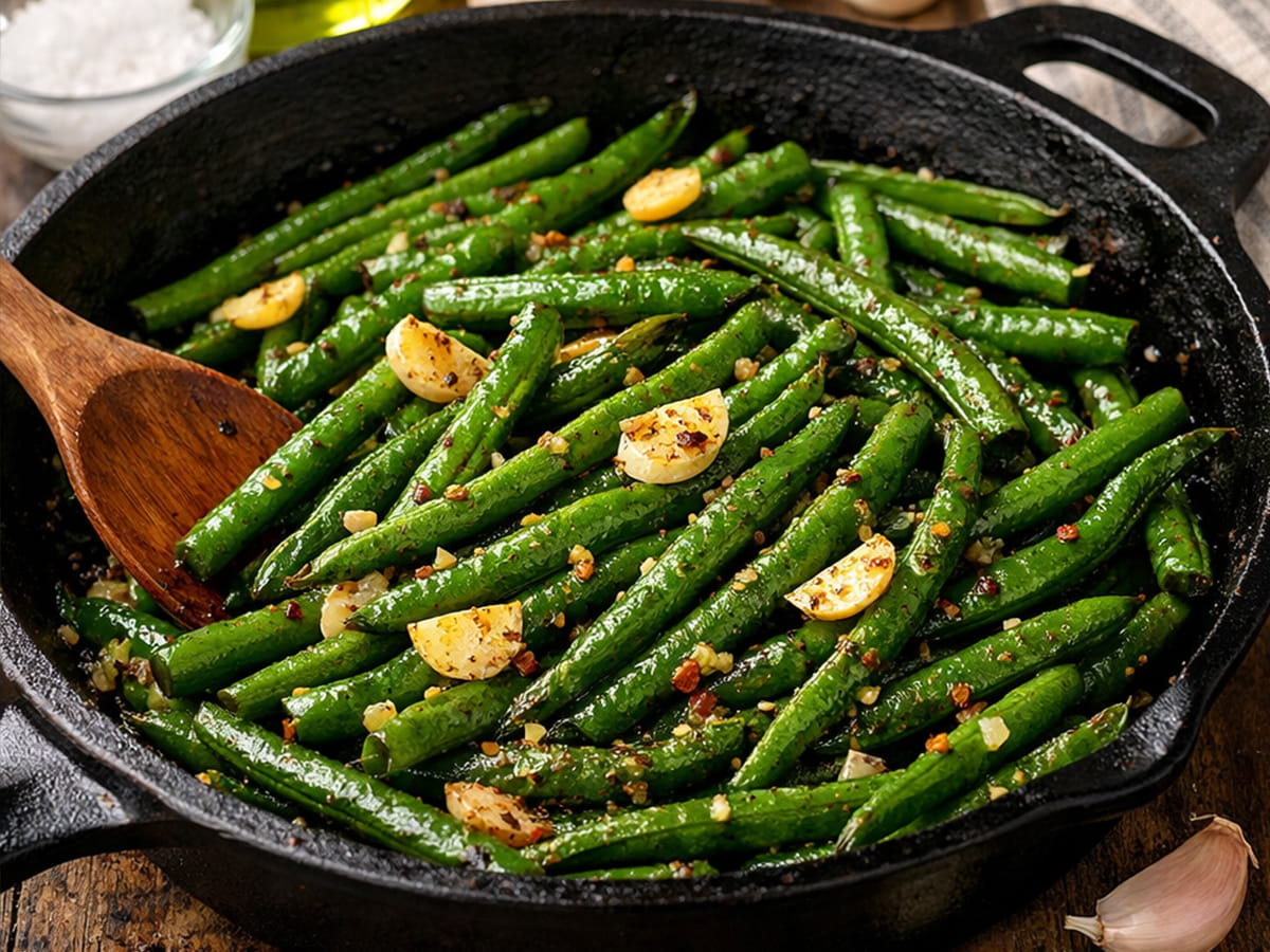 Fazolové lusky s česnekem na pánvi