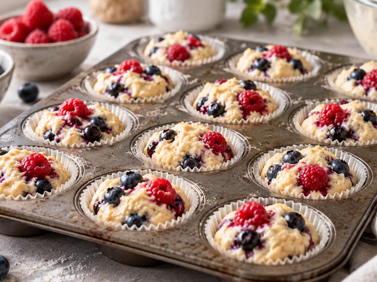 Detail upečených borůvkových muffinů s malinami