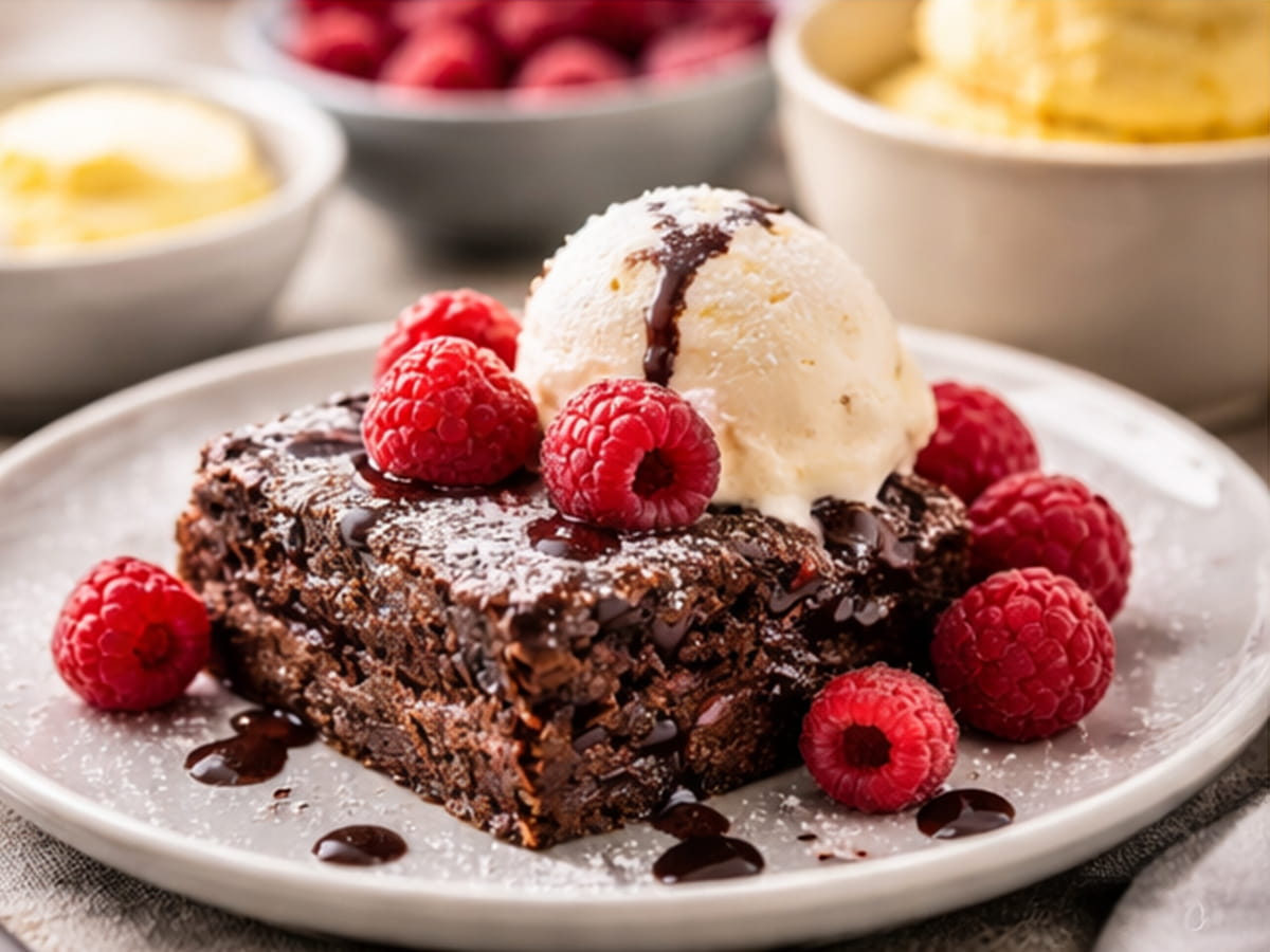 Brownies recept: vláčné brownies s malinami a vanilkovou zmrzlinou