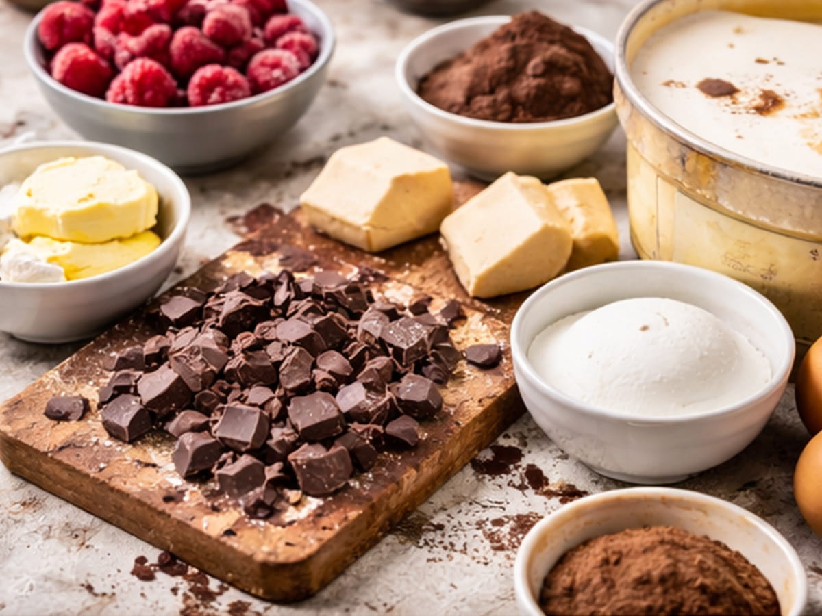 Ingredience na brownies s malinami