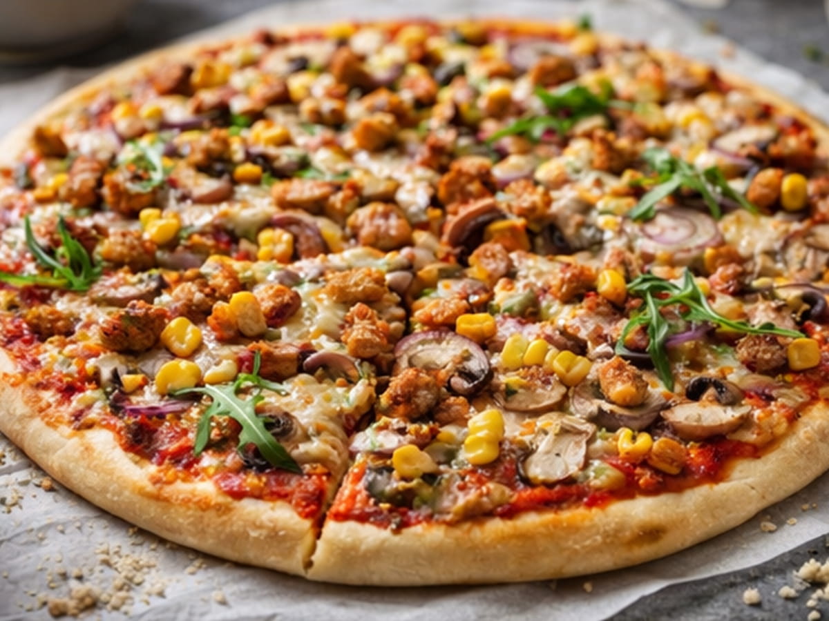 Domácí pizza recept: pizza s kukuřicí, žampiony a kuřecím gyros masem