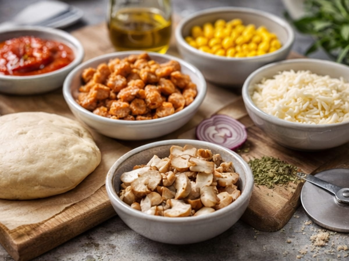 Ingredience na domácí pizzu s kukuřicí, žampiony a kuřecím gyros masem