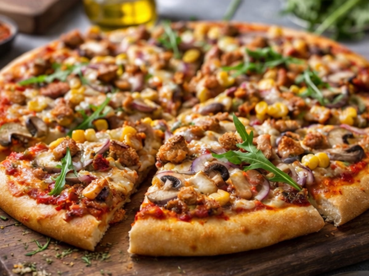 Hotová domácí pizza s kukuřicí, žampiony a kuřecím gyros masem