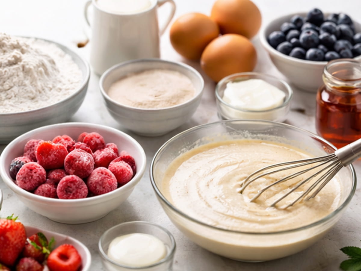 Ingredience na lívance s jahodami a borůvkami