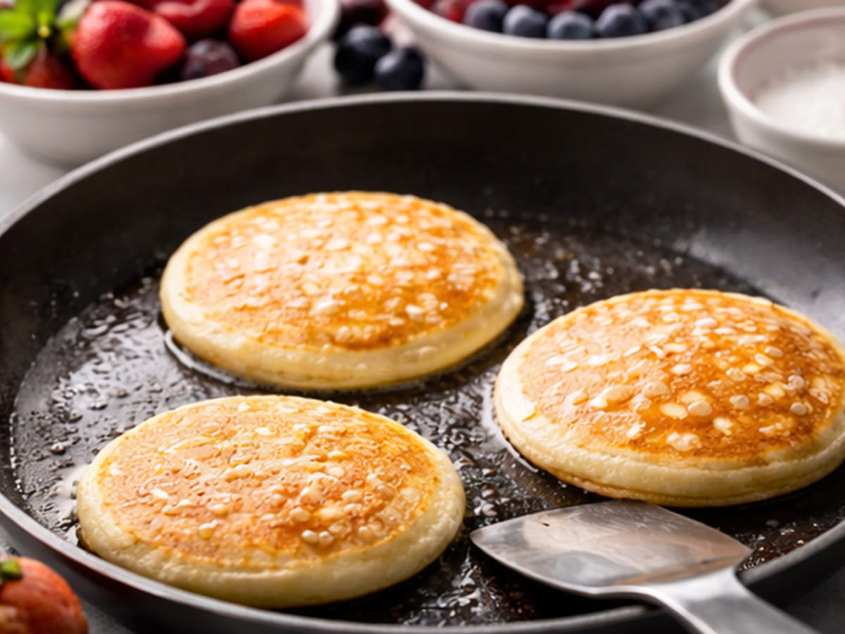 Hotové lívance s jahodami a borůvkami