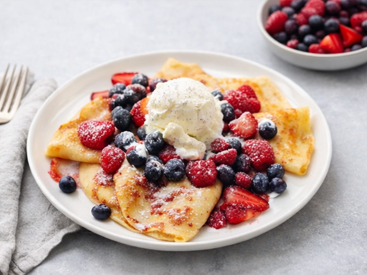 Palačinky recept: domácí palačinky s ovocnou směsí a vanilkovou zmrzlinou