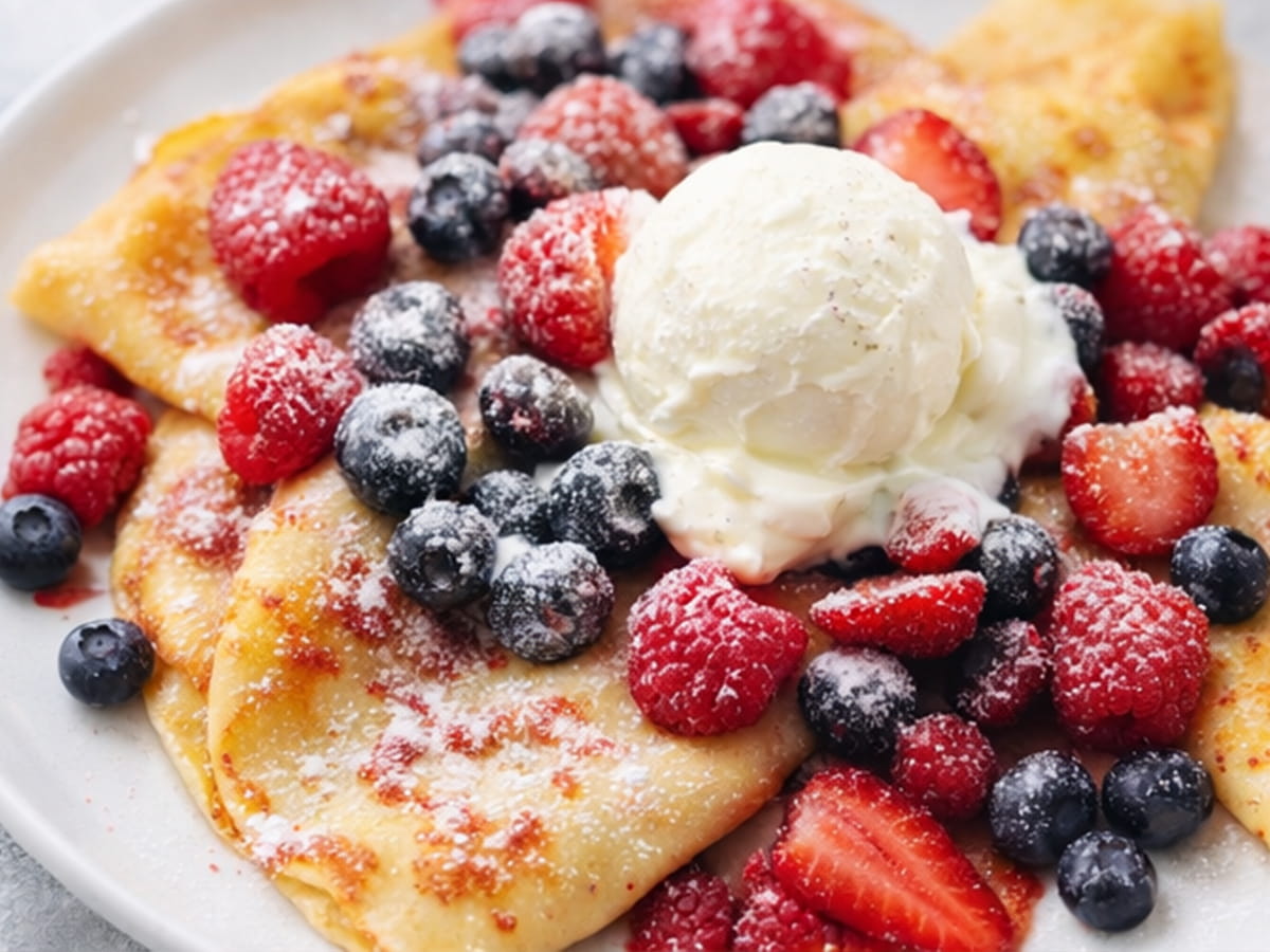 Hotové palačinky s ovocnou směsí a vanilkovou zmrzlinou